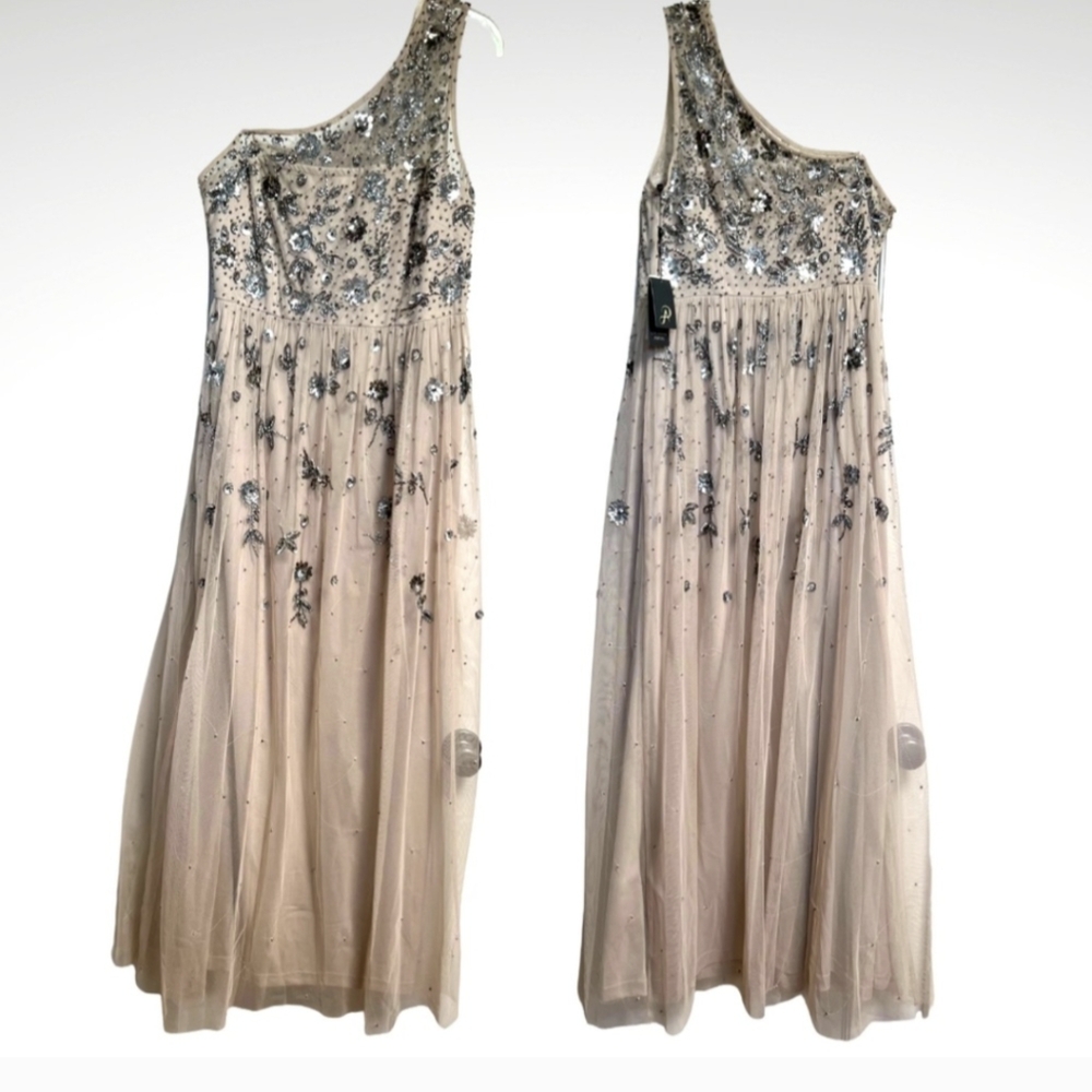 NEW Adrianna Papell Beaded One Shoulder Dress 14p